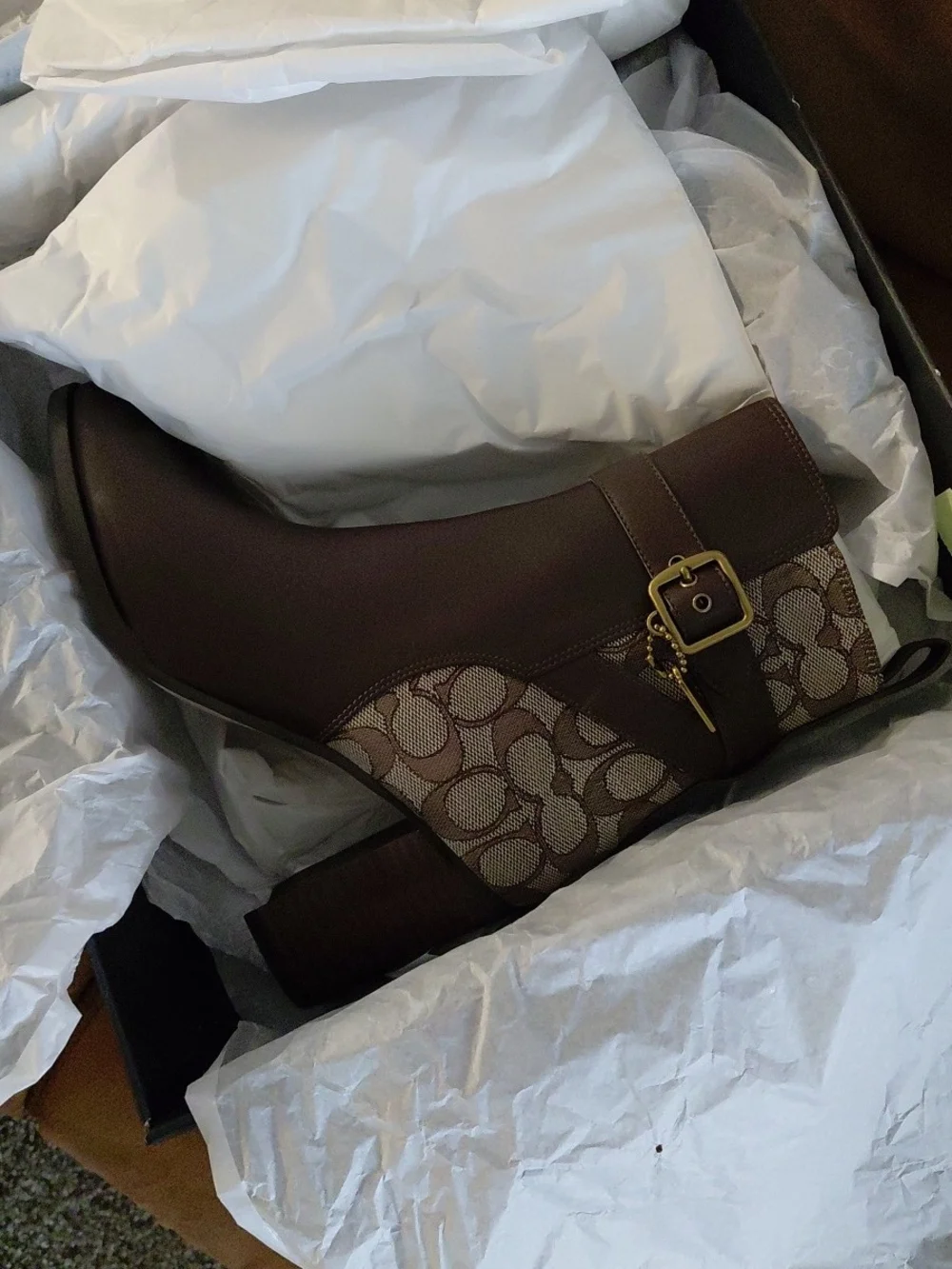 Coach Brown Leather & Signature Canvas Ankle Boot with Buckle